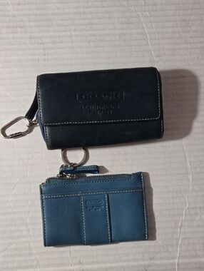 Coach Black Leather Wallet with Blue Zip Pouch Keychain